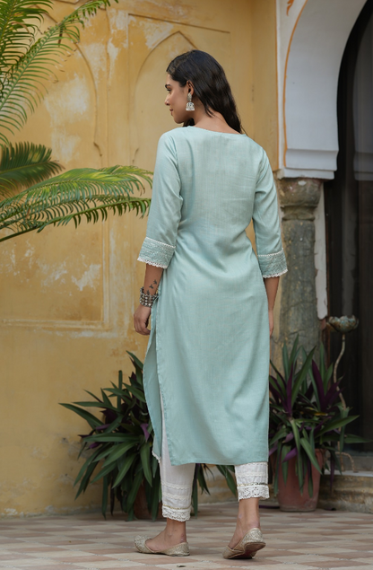 Women's Mint Blue Rayon Slub Solid Embroidered  Stright Kurta