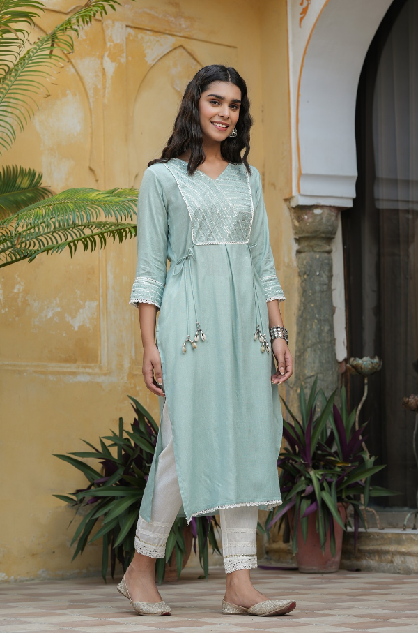 Women's Mint Blue Rayon Slub Solid Embroidered  Stright Kurta