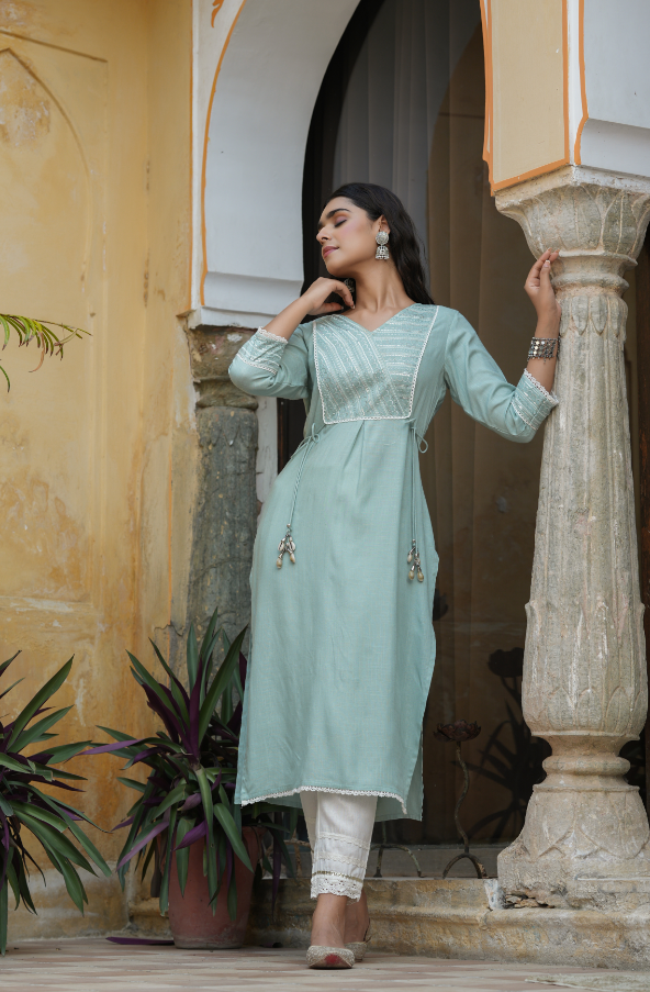 Women's Mint Blue Rayon Slub Solid Embroidered  Stright Kurta