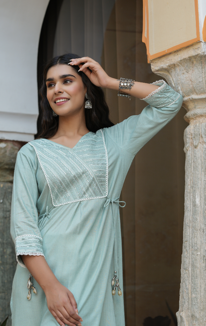 Women's Mint Blue Rayon Slub Solid Embroidered  Stright Kurta