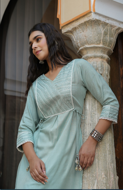 Women's Mint Blue Rayon Slub Solid Embroidered  Stright Kurta