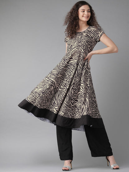 Women's  Beige & Black Printed Anarkali Kurta
