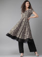Women's  Beige & Black Printed Anarkali Kurta