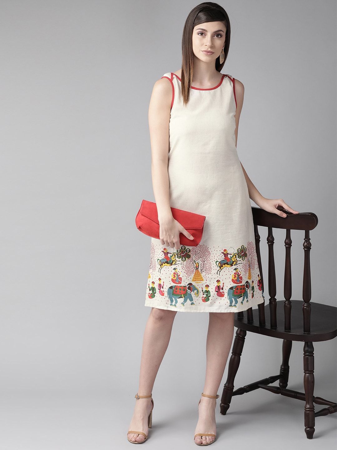Women's  Off-White & Red Printed A-Line Dress
