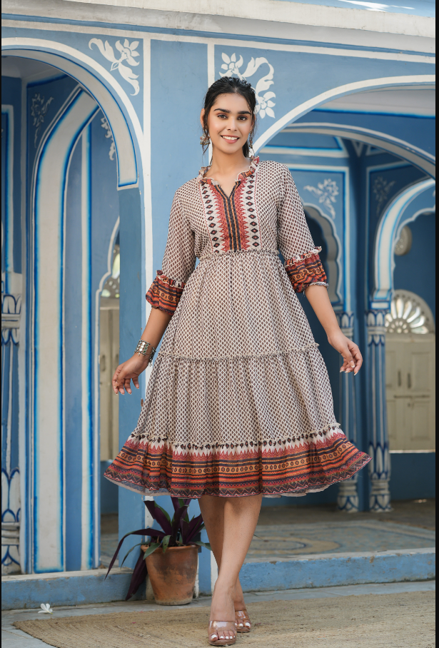 Women's Ivory Georgette Printed Tiered Dress