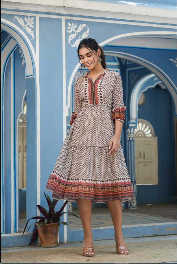Women's Ivory Georgette Printed Tiered Dress
