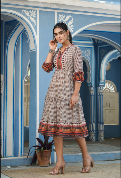 Women's Ivory Georgette Printed Tiered Dress