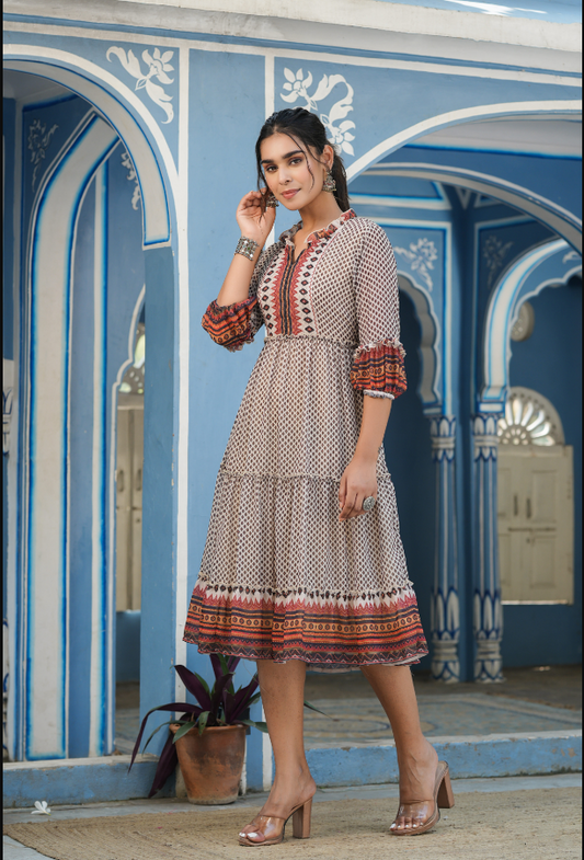 Women's Ivory Georgette Printed Tiered Dress