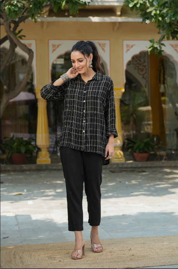Women's Black Rayon Crepe Checkered Printed High & Low Shirt Style Tunic.