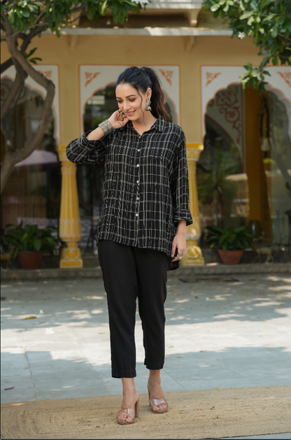 Women's Black Rayon Crepe Checkered Printed High & Low Shirt Style Tunic.