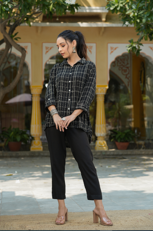 Women's Black Rayon Crepe Checkered Printed High & Low Shirt Style Tunic.