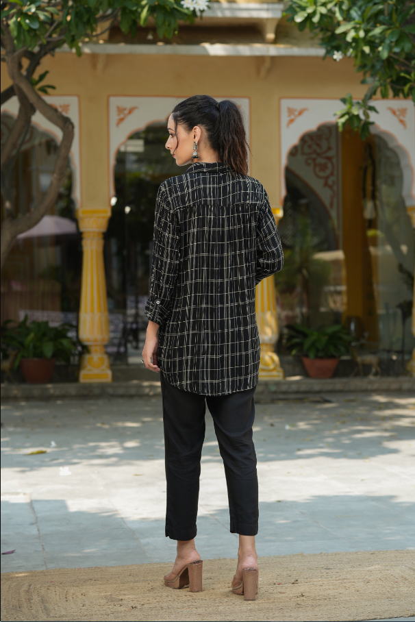 Women's Black Rayon Crepe Checkered Printed High & Low Shirt Style Tunic.