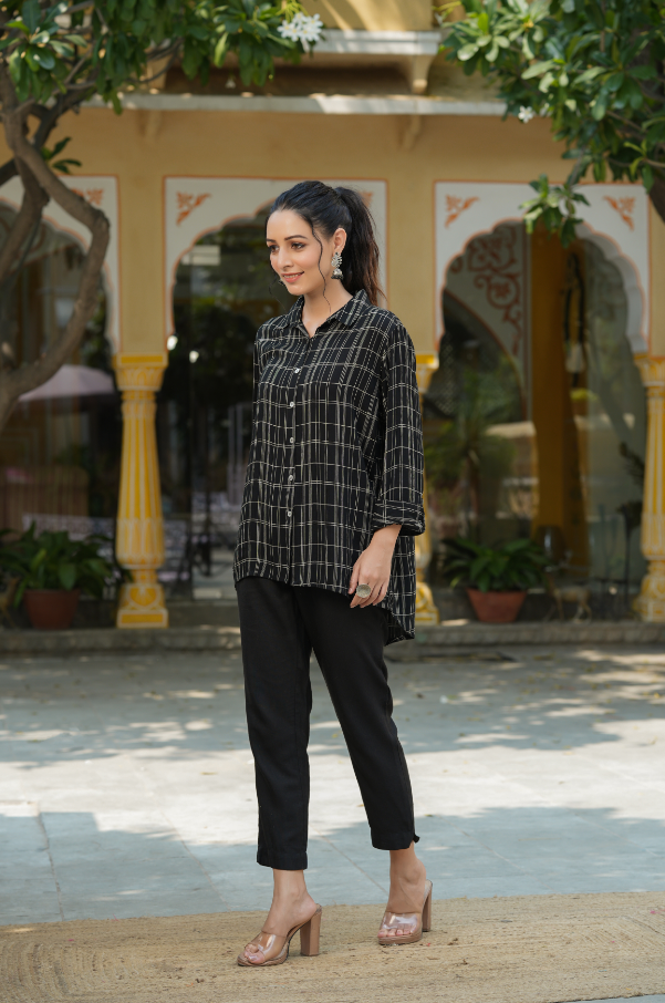 Women's Black Rayon Crepe Checkered Printed High & Low Shirt Style Tunic.
