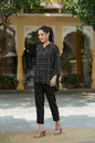 Women's Black Rayon Crepe Checkered Printed High & Low Shirt Style Tunic.