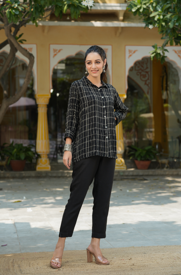 Women's Black Rayon Crepe Checkered Printed High & Low Shirt Style Tunic.