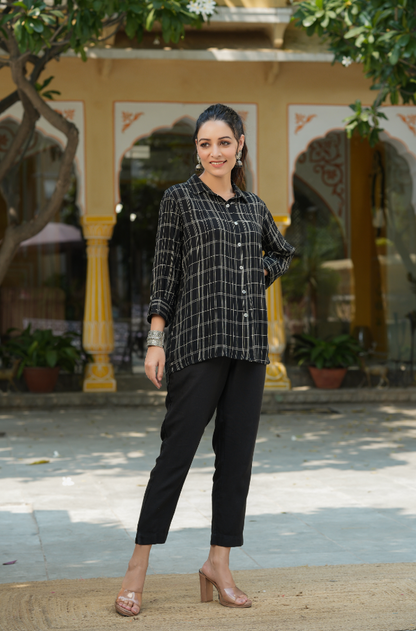 Women's Black Rayon Crepe Checkered Printed High & Low Shirt Style Tunic.