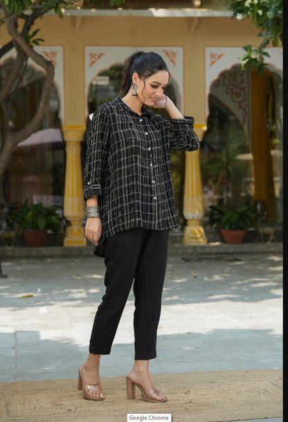 Women's Black Rayon Crepe Checkered Printed High & Low Shirt Style Tunic.