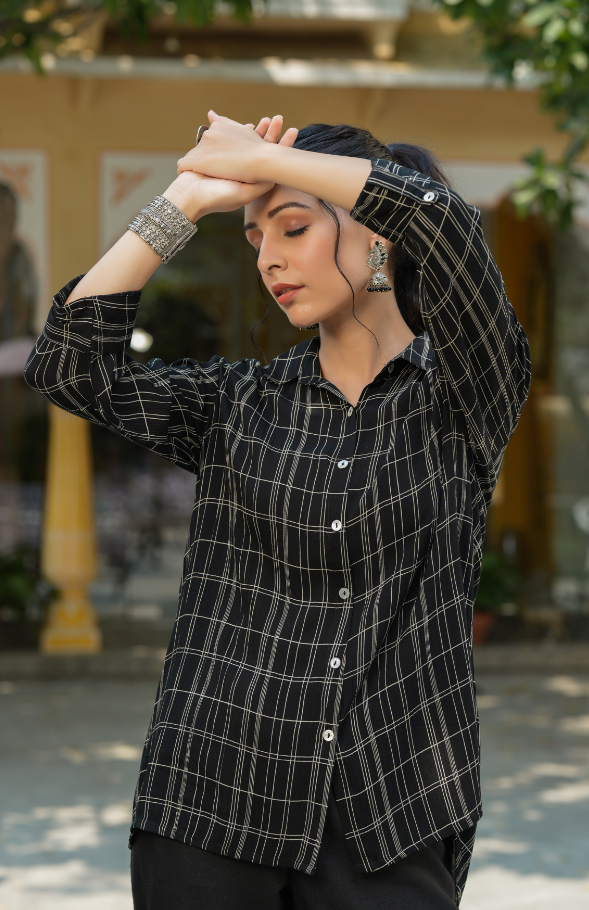 Women's Black Rayon Crepe Checkered Printed High & Low Shirt Style Tunic.