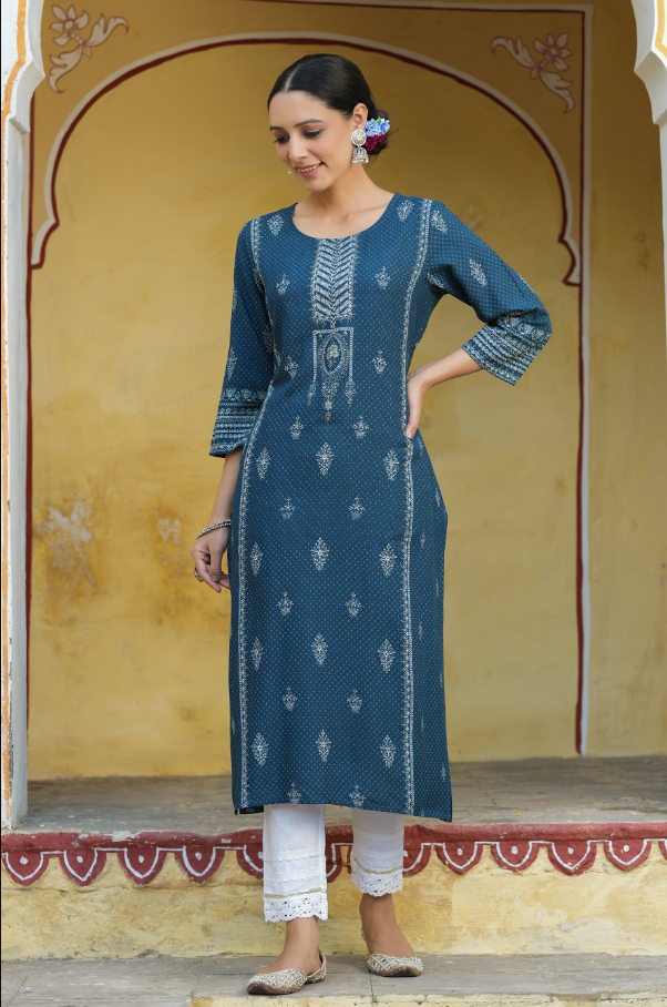 Women's Blue Rayon Staple Printed Straight Kurta