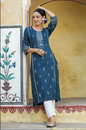 Women's Blue Rayon Staple Printed Straight Kurta