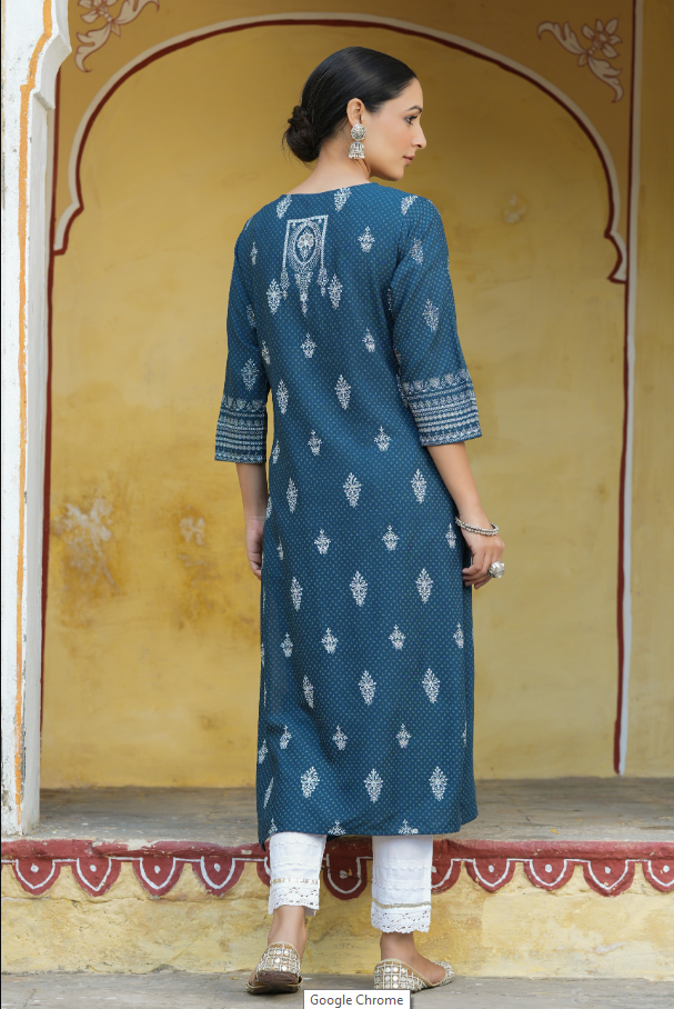 Women's Blue Rayon Staple Printed Straight Kurta