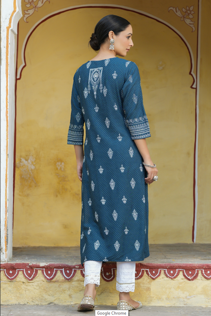 Women's Blue Rayon Staple Printed Straight Kurta