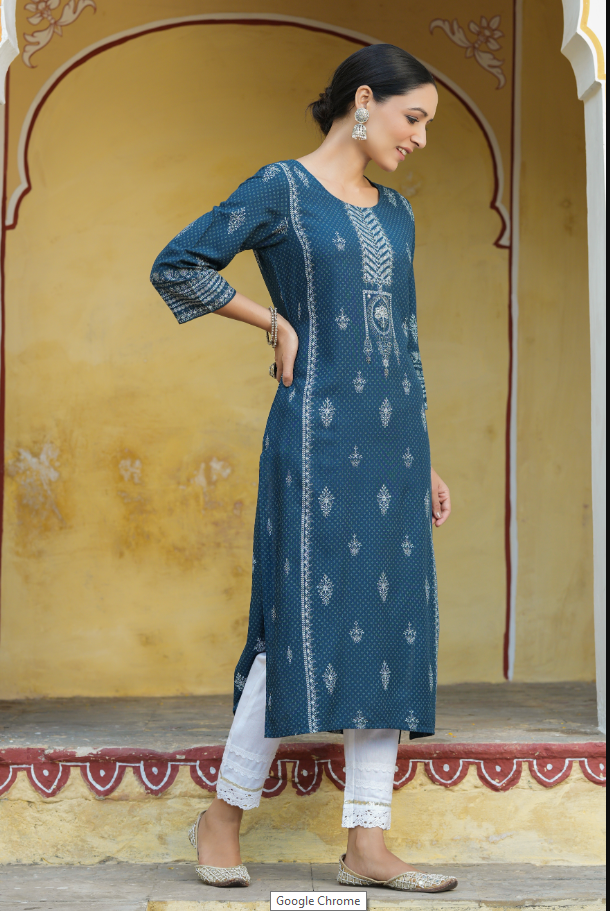 Women's Blue Rayon Staple Printed Straight Kurta