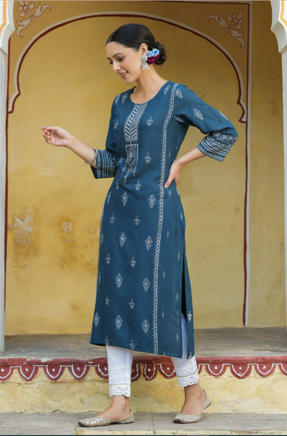 Women's Blue Rayon Staple Printed Straight Kurta