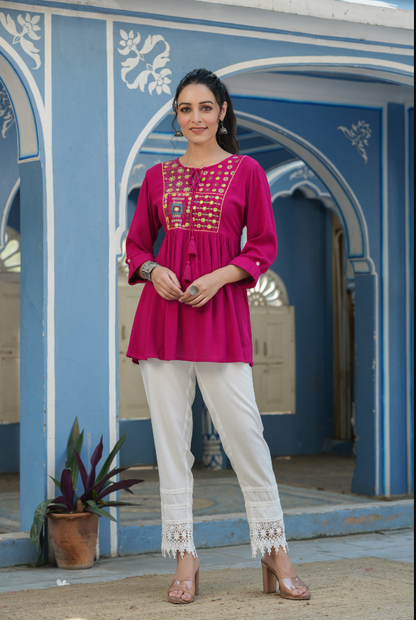 Women's Fuchsia Rayon Crepe Embroidered Straight Tunic