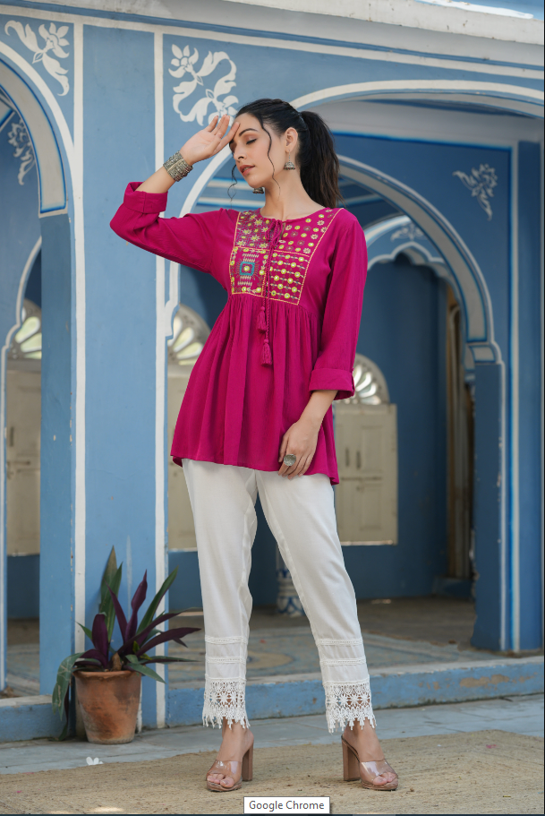 Women's Fuchsia Rayon Crepe Embroidered Straight Tunic