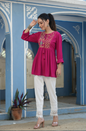 Women's Fuchsia Rayon Crepe Embroidered Straight Tunic