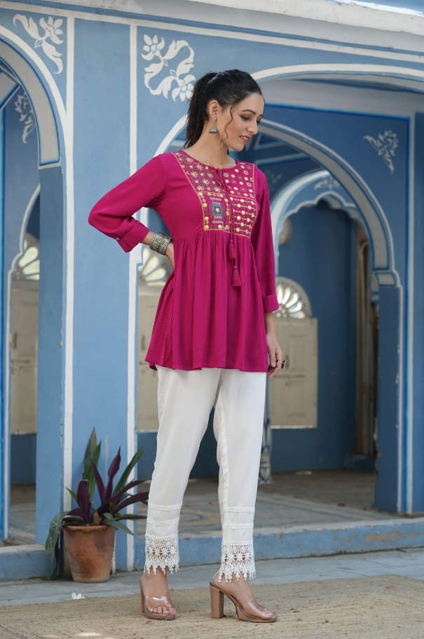 Women's Fuchsia Rayon Crepe Embroidered Straight Tunic