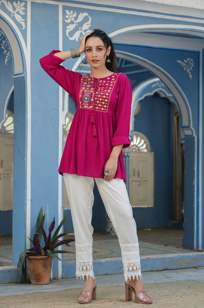 Women's Fuchsia Rayon Crepe Embroidered Straight Tunic