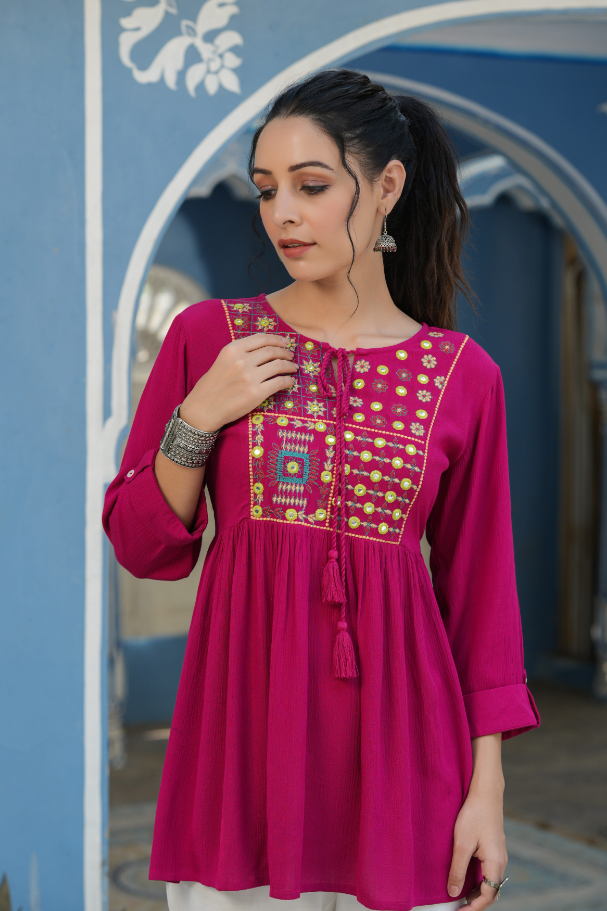 Women's Fuchsia Rayon Crepe Embroidered Straight Tunic