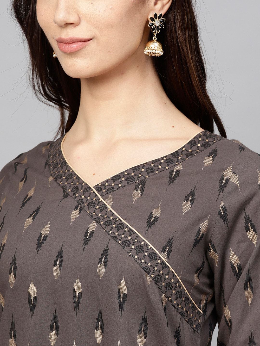 Women's  Charcoal & Gold-Toned Printed Kurta with Trousers