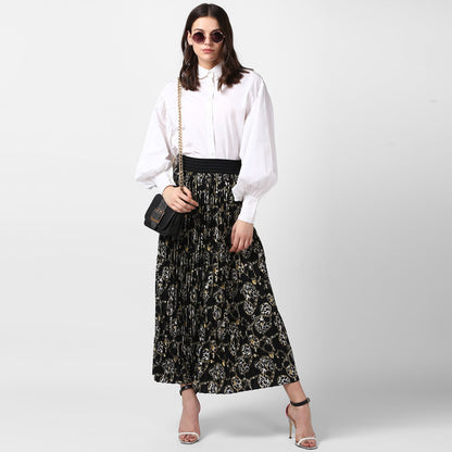 Women's Black Chain Print Pleated Skirt