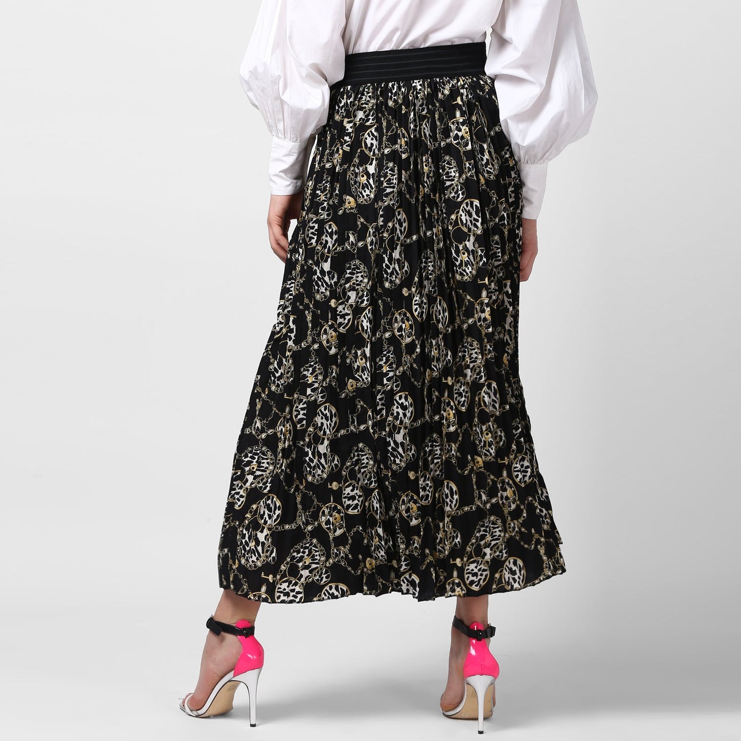 Women's Black Chain Print Pleated Skirt