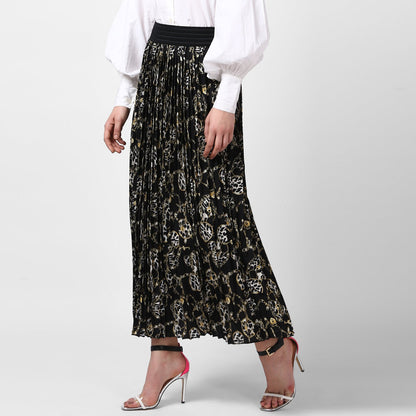 Women's Black Chain Print Pleated Skirt