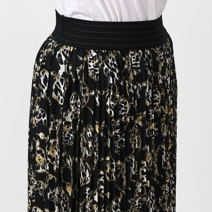 Women's Black Chain Print Pleated Skirt