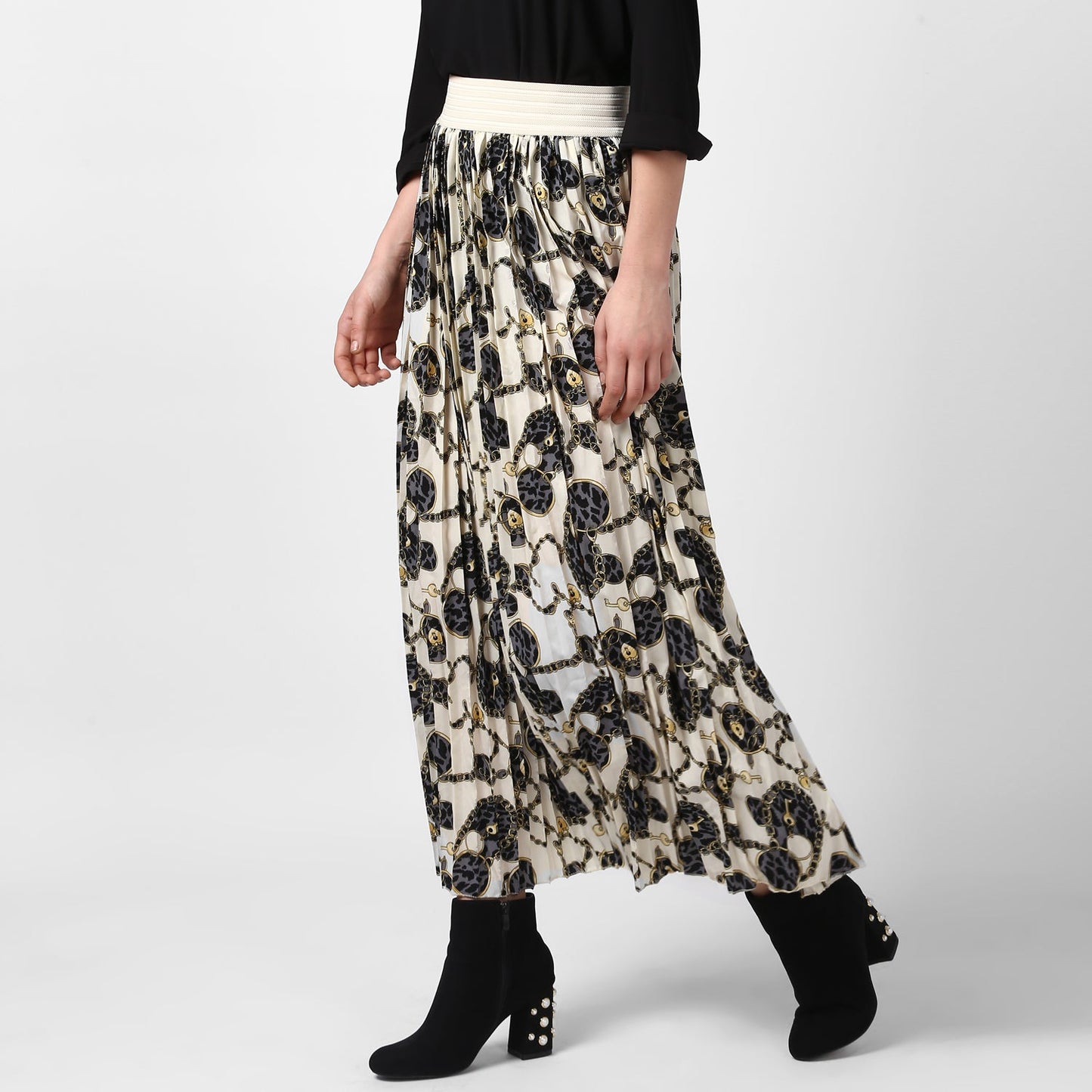 Women's Cream Chain Print Pleated Skirt