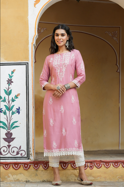 Women's Onionpink Shantoon Printed Straight Kurta