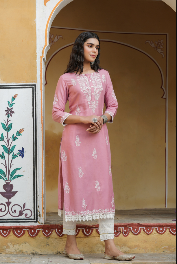 Women's Onionpink Shantoon Printed Straight Kurta