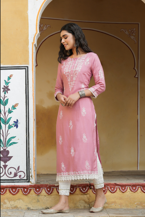 Women's Onionpink Shantoon Printed Straight Kurta