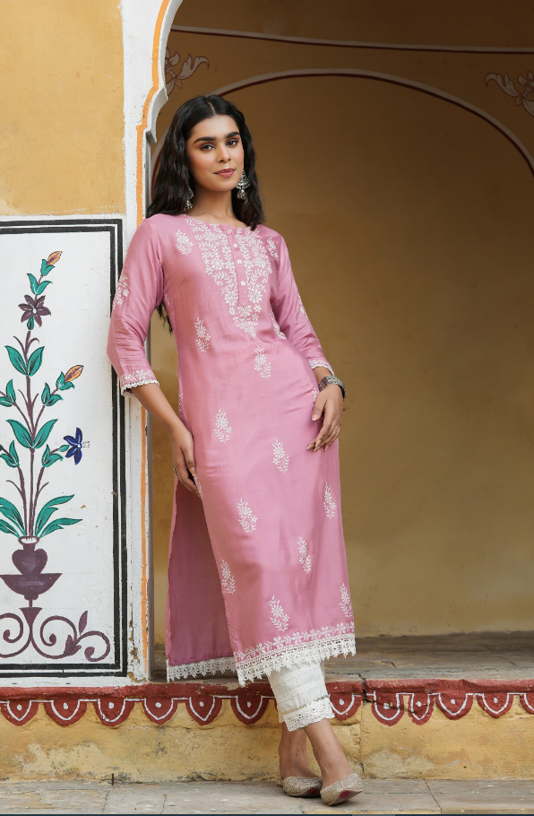 Women's Onionpink Shantoon Printed Straight Kurta