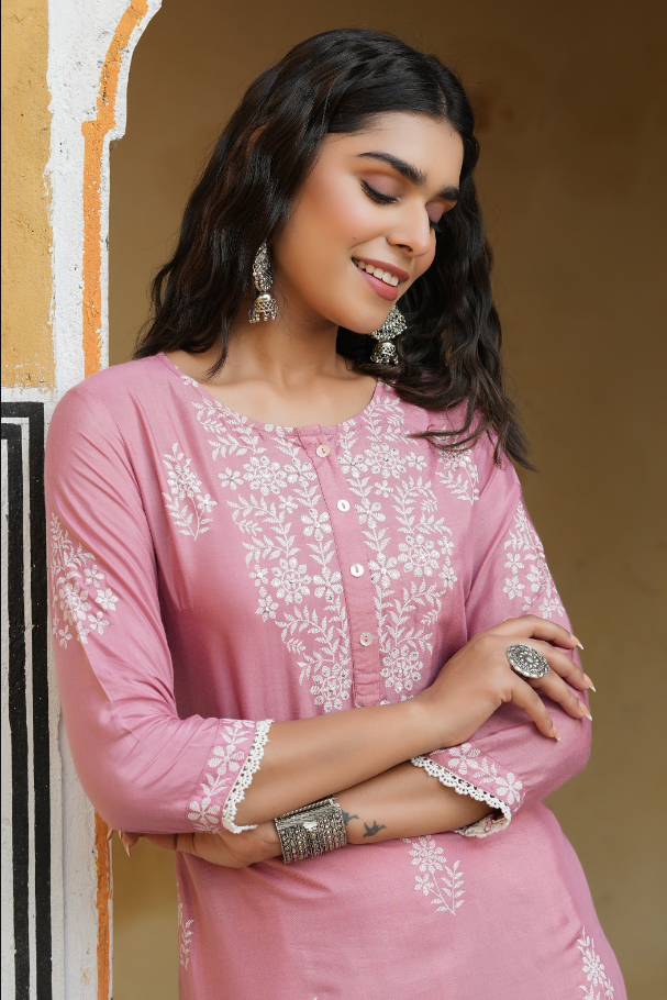 Women's Onionpink Shantoon Printed Straight Kurta