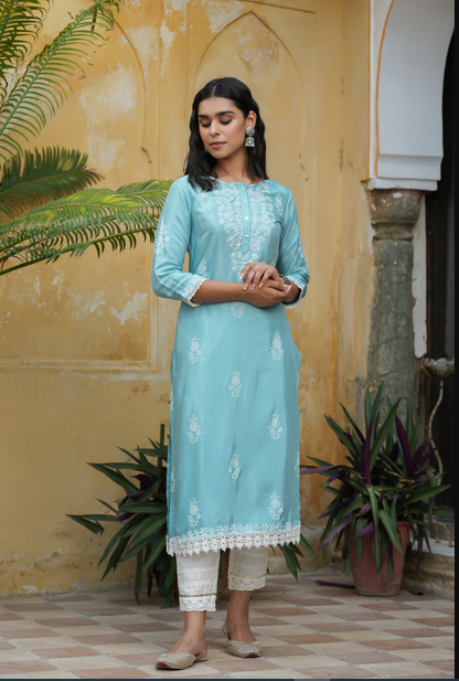 Women's Sky Blue Shanton Printed Straight Kurta