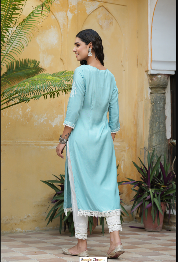 Women's Sky Blue Shanton Printed Straight Kurta