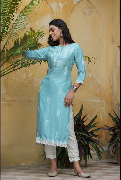 Women's Sky Blue Shanton Printed Straight Kurta