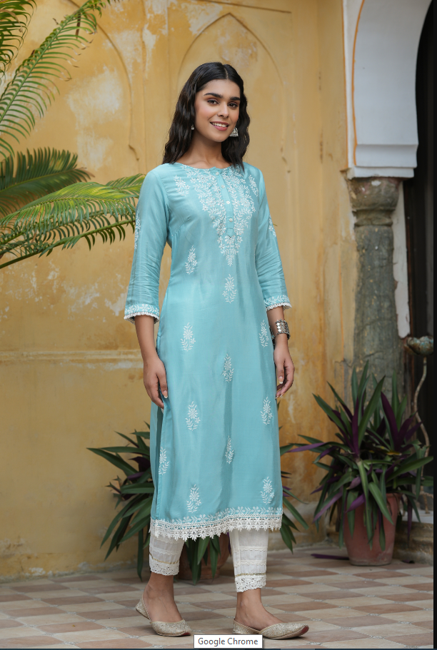 Women's Sky Blue Shanton Printed Straight Kurta