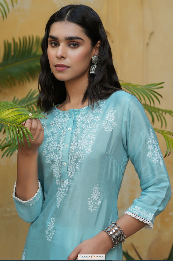 Women's Sky Blue Shanton Printed Straight Kurta